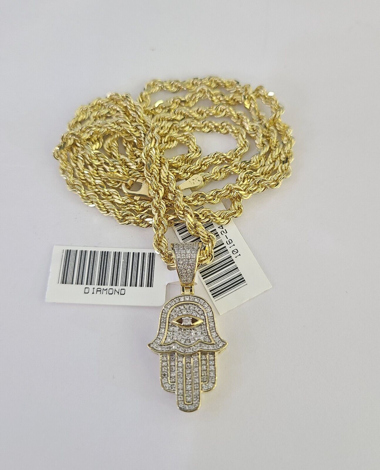 10k Solid Rope Chain 3mm Diamond Hamsa Hand Pendant Charm Necklace SET 18-26 in