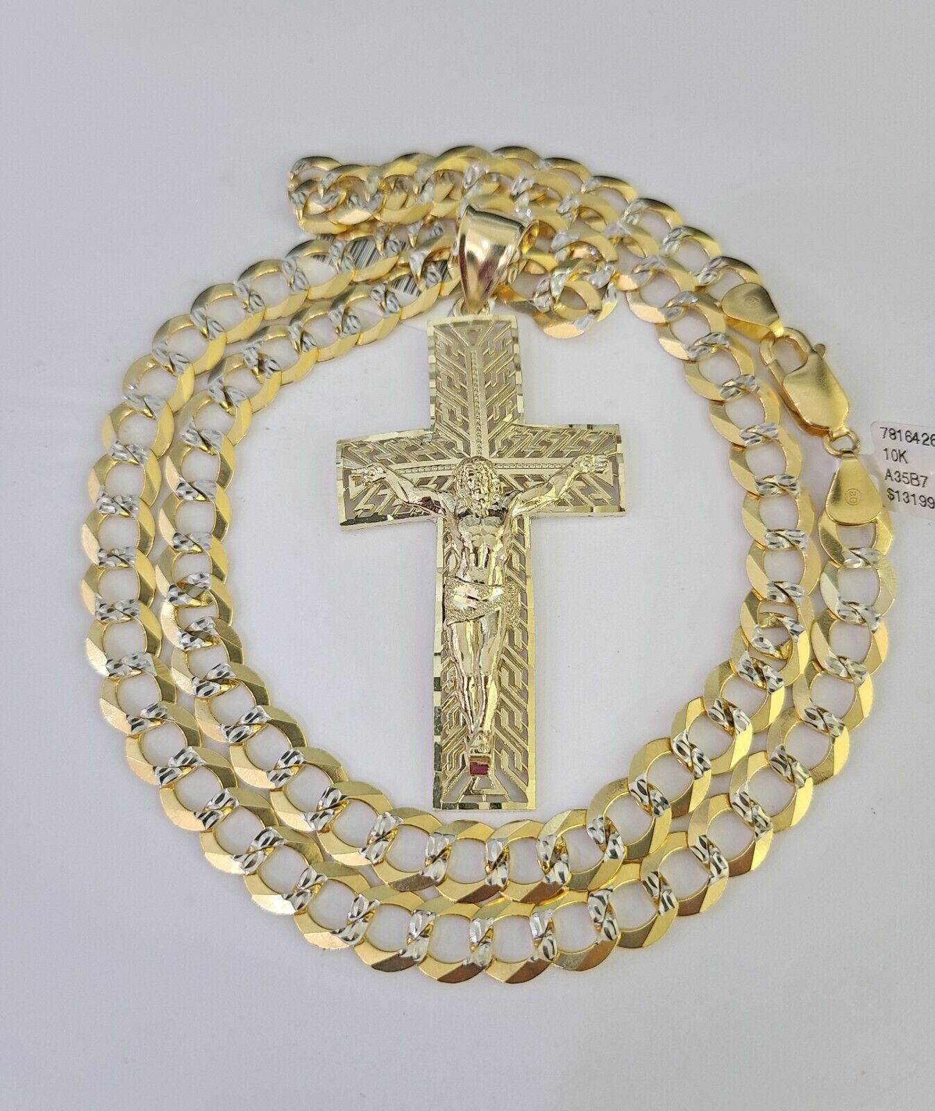 10k Gold Chain Cross Charm Solid Cuban Curb Necklace 9mm 20"-30" Diamond Cut SET