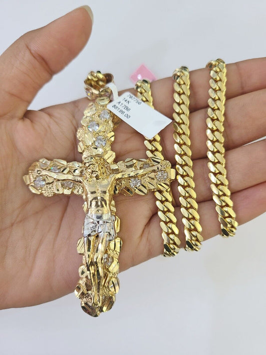 Real 14k Solid Chain Cross Charm Set Miami Cuban Link 6mm Necklace Pendant Gold