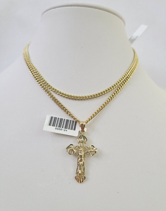 10K Gold Miami Cuban Chain Jesus Cross Charm 18"-30" 3mm REAL Pendant