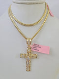 Real 14k Solid Chain Cross Charm Set Miami Cuban Link 3mm Necklace Pendant Gold