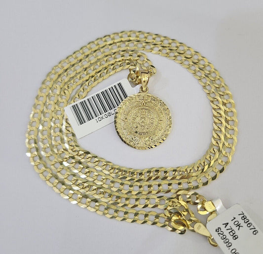 10k Gold Cuban Curb Chain Mayan Calendar Charm Solid 4mm 18"-28" SET Necklace