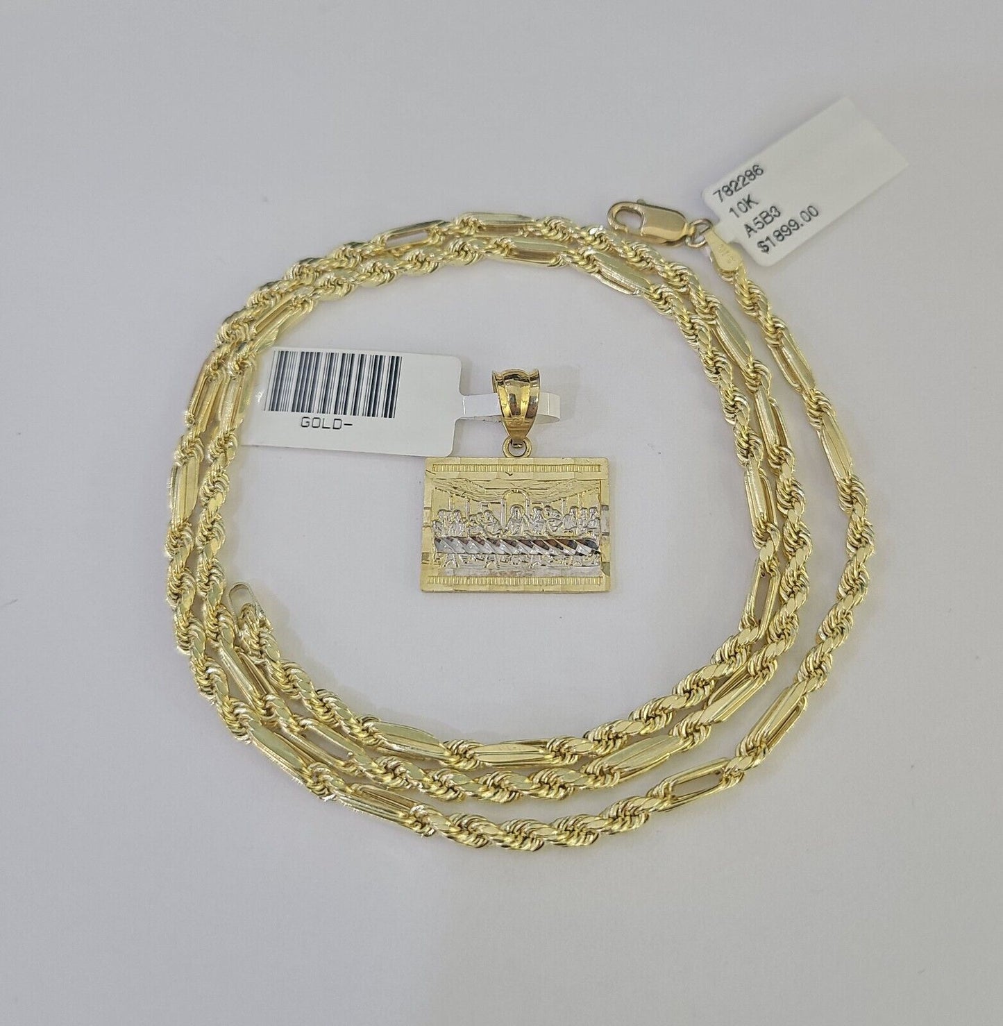 10k Milano Rope Chain Last Supper Charm Necklace SET 3mm 18" 20" 22" 24"