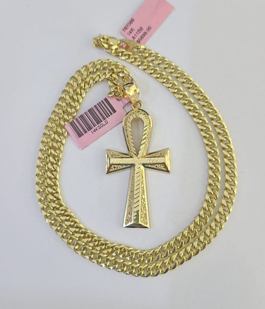 Real 14k Chain Cross Charm Set Miami Cuban Link 5mm 18"-30" Necklace Pendant