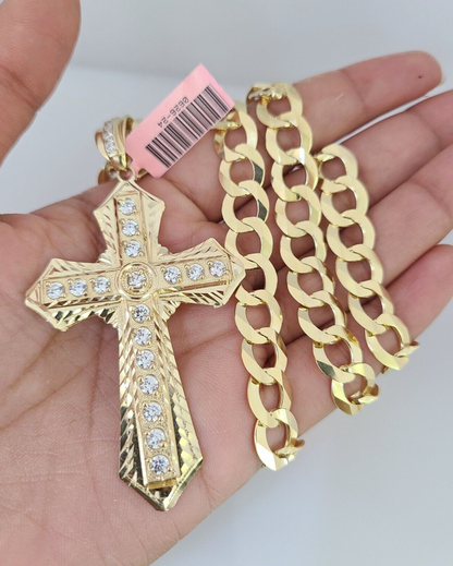 14k Gold Chain Jesus Cross Charm Solid Cuban Curb 10mm 20"-30" SET Necklace