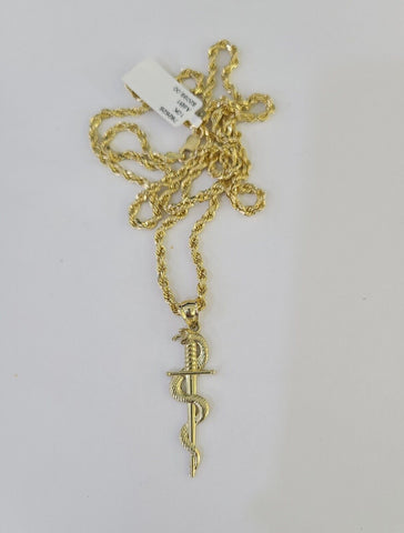 10k 3mm Rope Chain Snake Sword Pendant 18"-30" Yellow Gold Set Charm Necklace