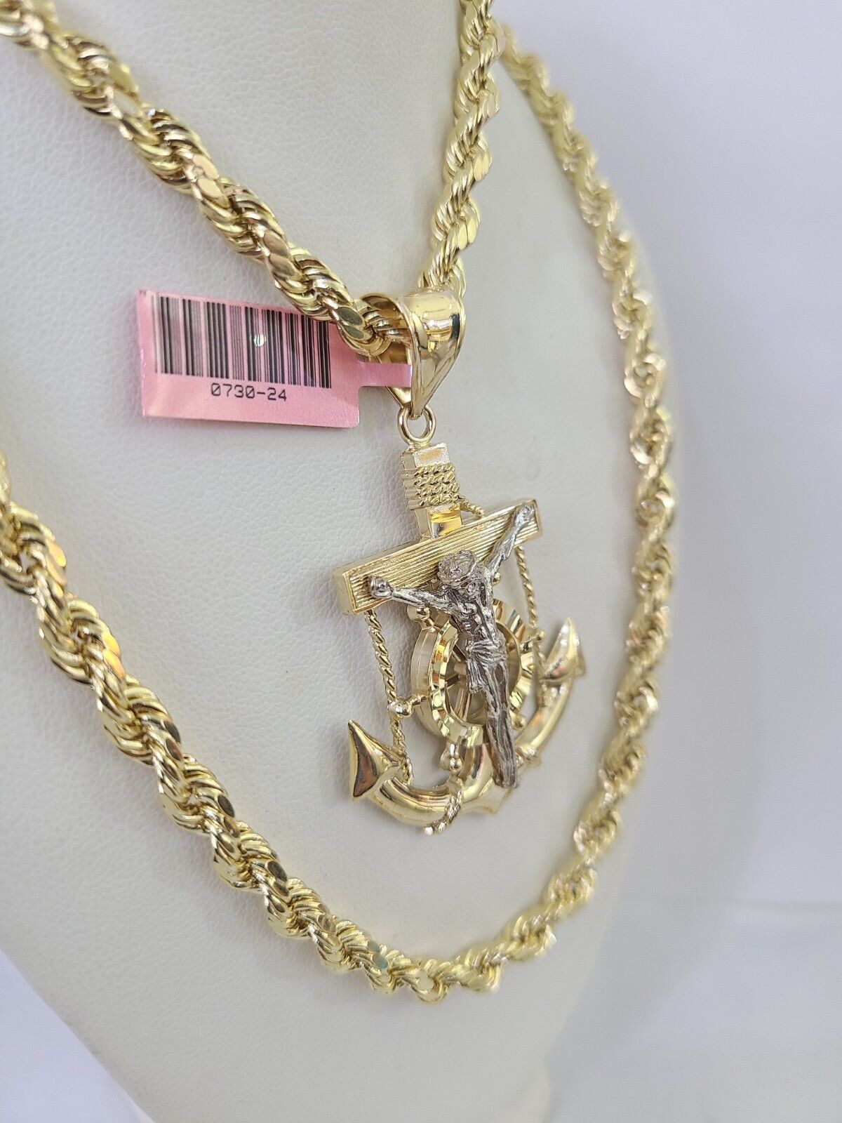 Real 14k Rope Chain Jesus Anchor Charm Set 6mm 18"-28" Necklace Yellow Gold