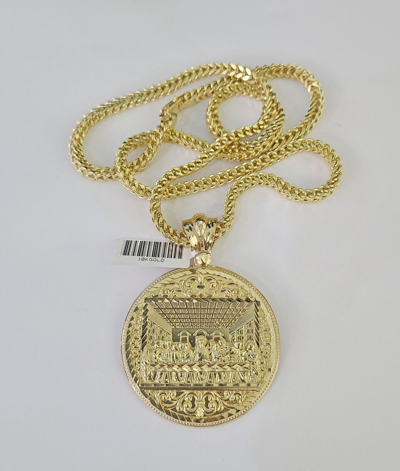 10K Franco Chain Last Supper Pendant Charm Necklace 20"-28" 4mm Yellow Gold SET