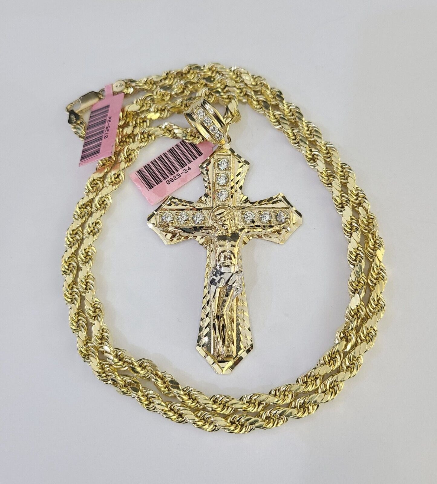 Real 14k Rope Chain Jesus Cross Charm Yellow Gold Set 5mm 20"-30" Necklace