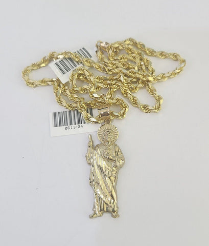 10k Solid Rope Chain Saint Jude Charm Set 4mm 18"-30" Necklace Gold Pendant