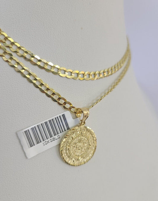 10k Gold Cuban Curb Chain Mayan Calendar Charm Solid 4mm 18"-28" SET Necklace