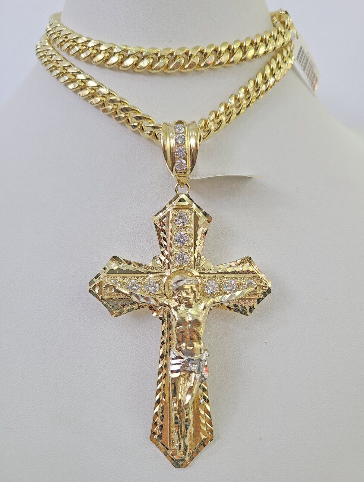 10K Miami Cuban Link Chain Jesus Cross Pendent Charm 8mm 20"-30" Necklace Gold