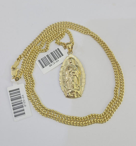 10K Gold Miami Cuban Chain Virgin Mary Charm 20"-28" 3mm REAL Pendant