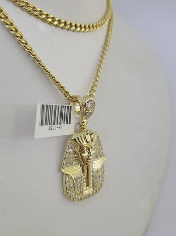 10k Miami Cuban Chain Pharaoh Charm Set 4mm 18"-28" Necklace Pendant Gold