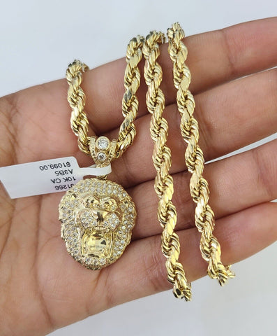 Real 10k Rope Chain RoaringLion Charm Necklace Pendant Set 5mm 20"-30" Inch Gold