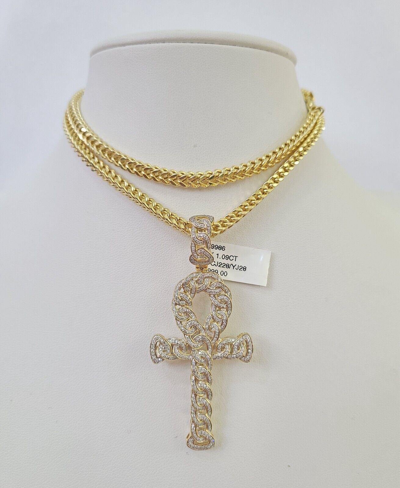 10K Franco Chain Diamond Jesus Cross Pendant Charm Necklace 20"-28" 4mm Gold SET