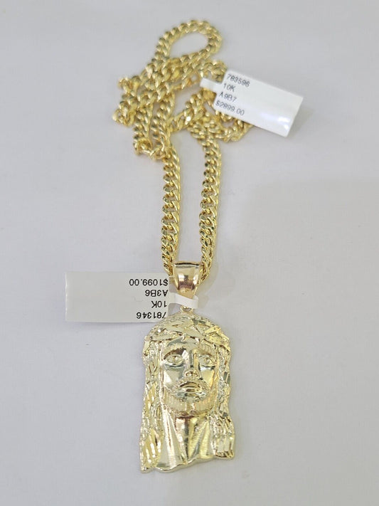 10k Yellow Gold Chain Jesus Head Charm Pendant Set 5mm Miami Cuban Link Necklace