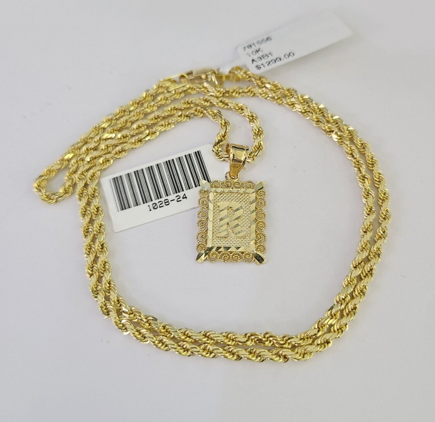 10k Gold Initial R Charm Rope Chain 16"-26" 2.5mm SET Necklace Alphabet Pendant