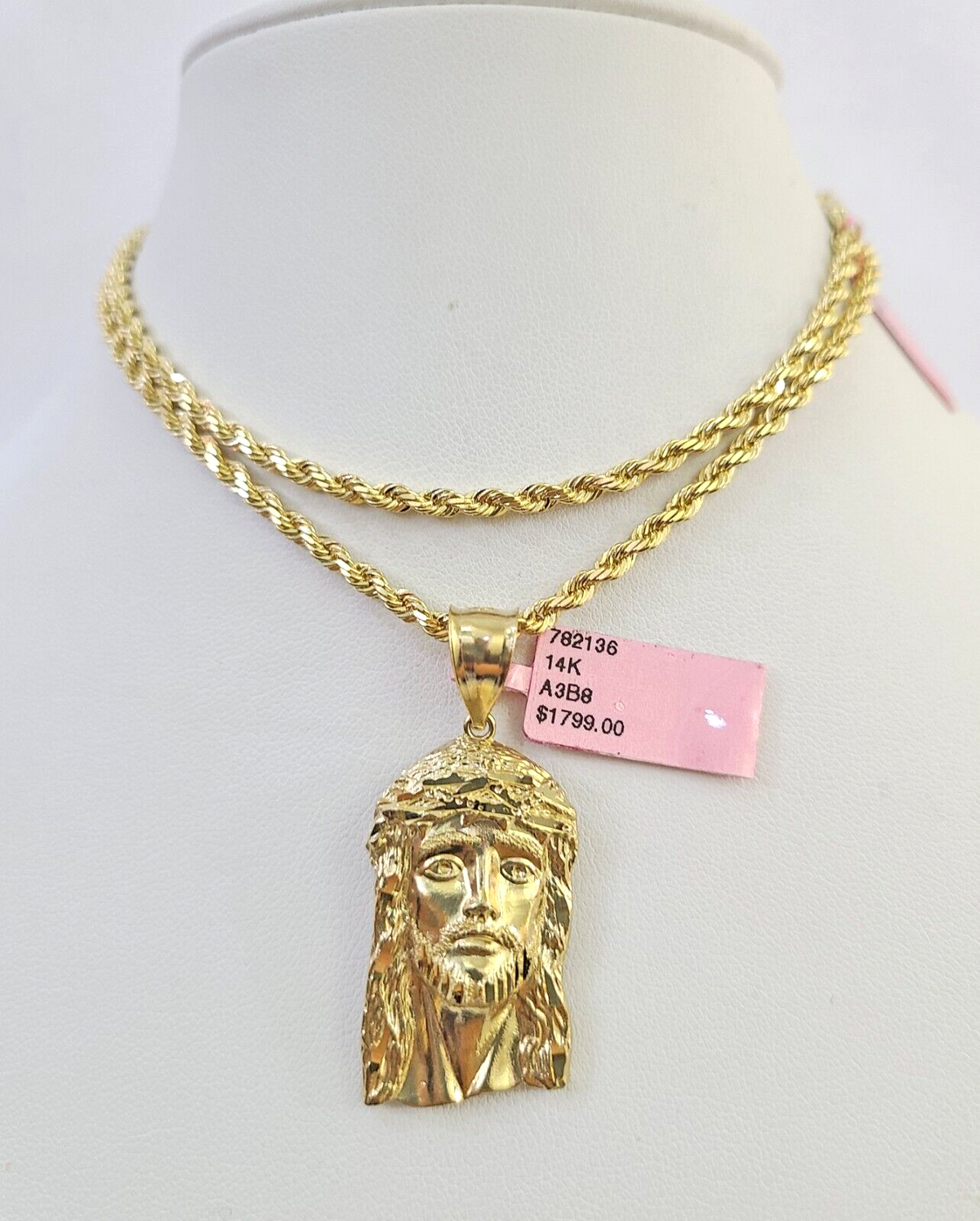 Jesus Rope Silver Chain Real 14k Solid Rope Chain Jesus Head Charm Set 3mm 18