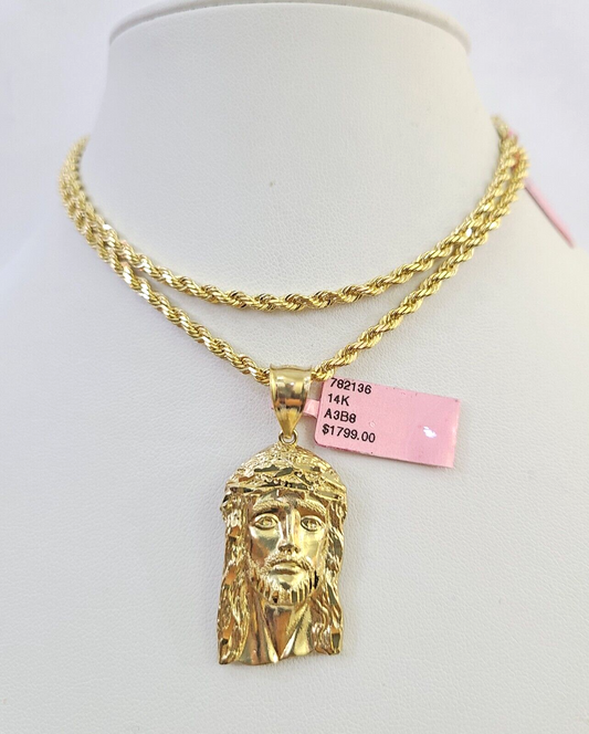 Real 14k Solid Rope Chain Jesus Head Charm Set 3mm 18"-26" Necklace Yellow Gold