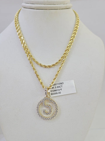 10k 2.5mm Rope Chain S Diamond Pendant Alphabet 18"-30" Gold Set Charm Necklace