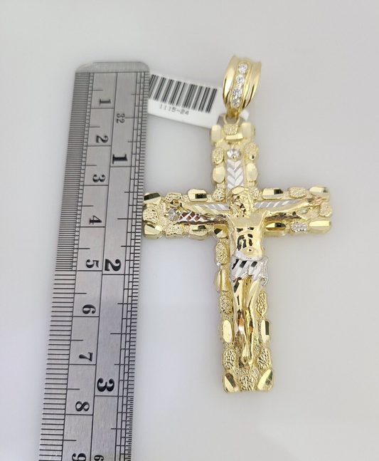 10K Franco Chain Nugget Cross Pendant Charm 20"-28" 4mm Gold SET Necklace Yellow