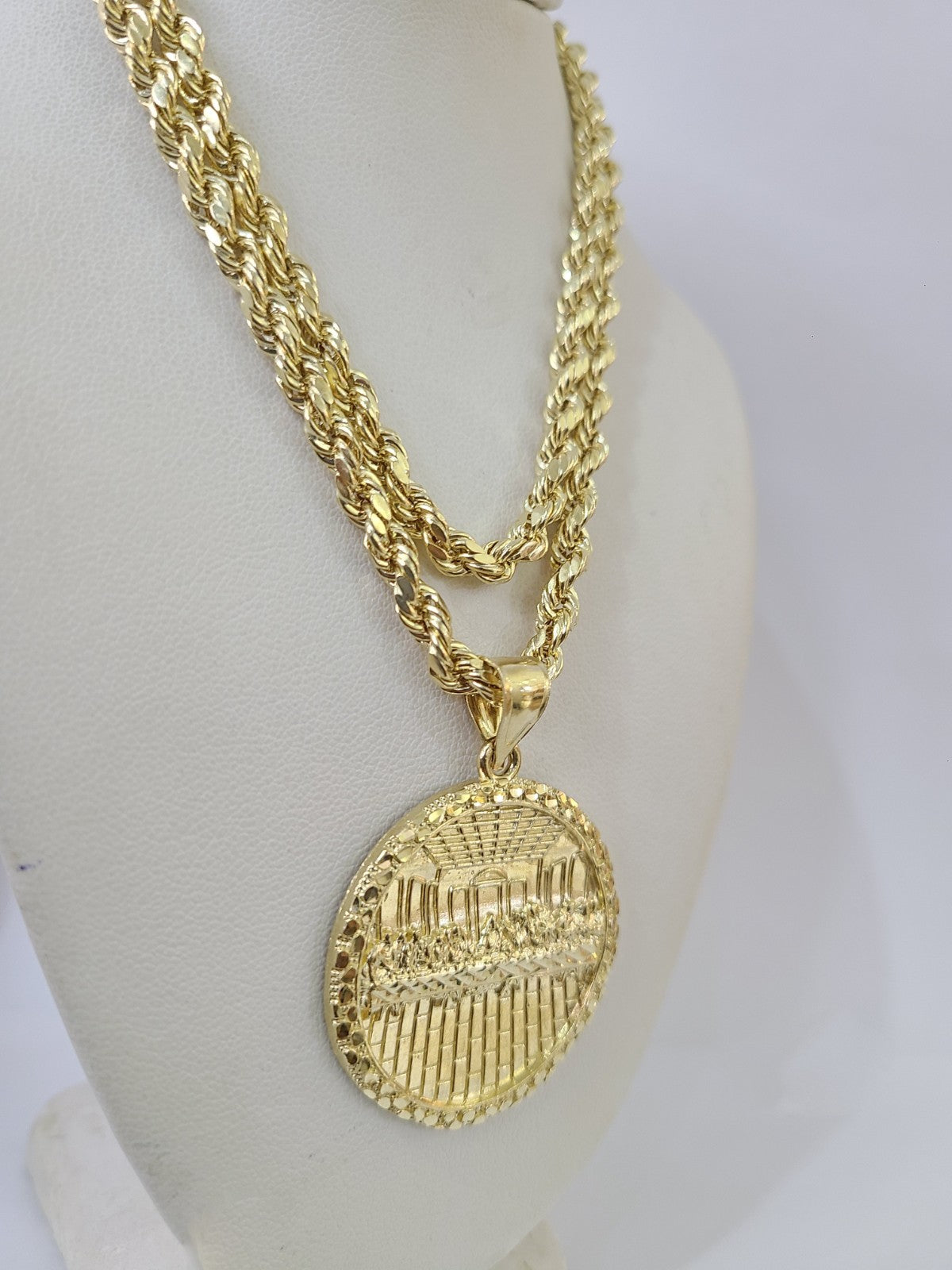 Real 10k Gold Rope Chain Last Supper Nugget Pendant Set 4mm 18"-28"