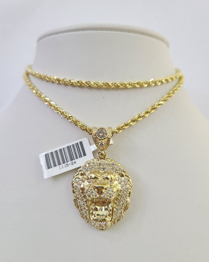 10k Solid Rope Chain 3mm Lion Head Pendant Charm Necklace SET 18-26 in