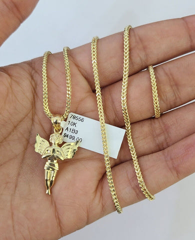 10K Franco Chain Praying Angel Pendant Charm Necklace 16"-24" 2mm Gold SET