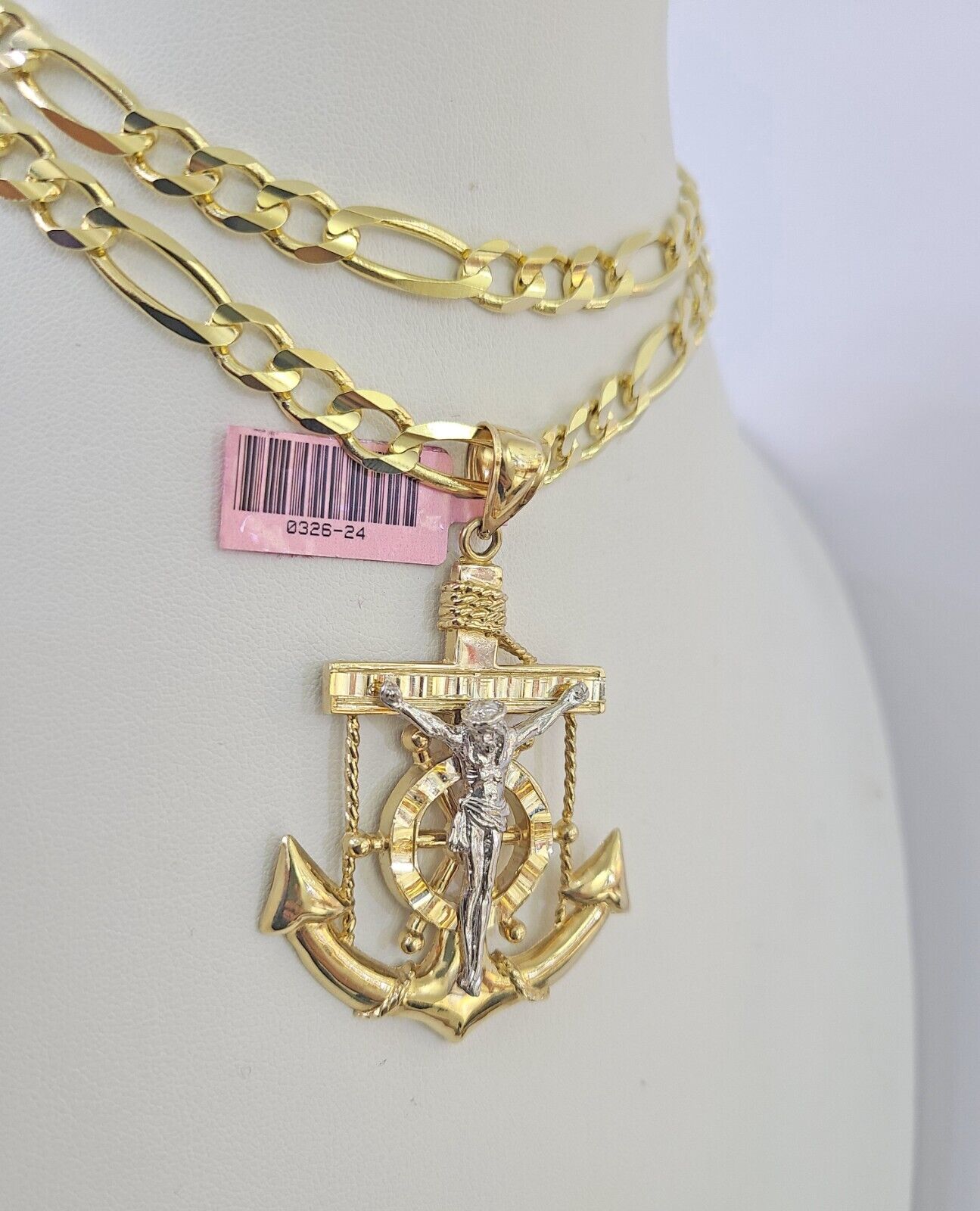 14k Figaro Chain Jesus Anchor Charm Pendant Gold 7mm 20-30 inch SET Necklace