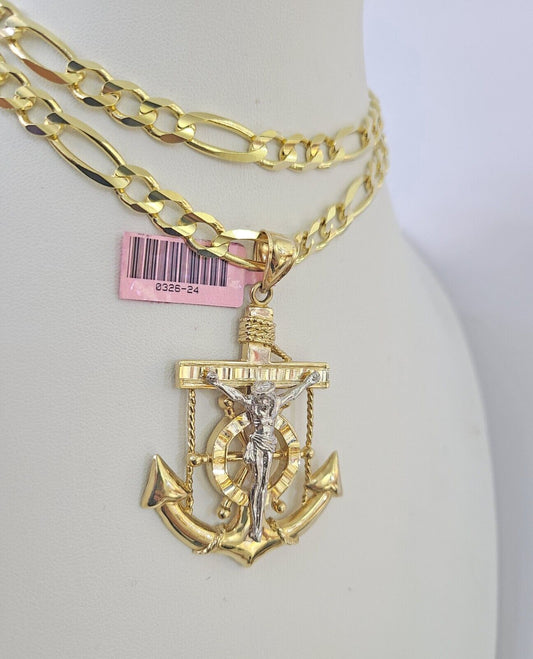 14k Figaro Chain Jesus Anchor Charm Pendant Gold 7mm 20-30 inch SET Necklace