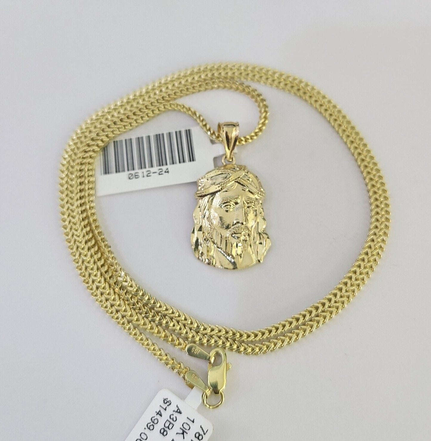 10K Franco Chain Jesus Head Pendant Charm Necklace 16"-24" 2mm Gold SET Yellow