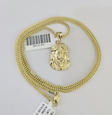 10K Franco Chain Jesus Head Pendant Charm Necklace 16"-24" 2mm Gold SET Yellow