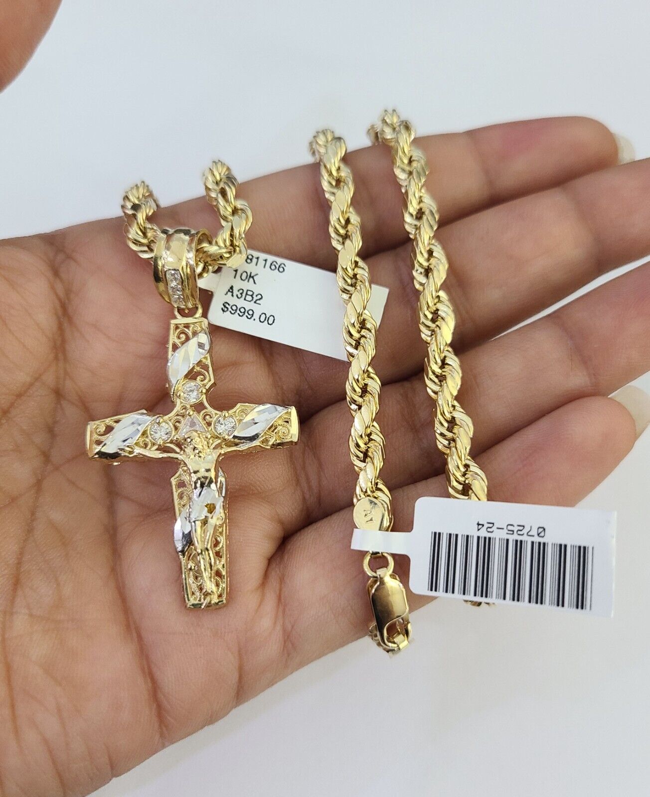 Real 10k Rope Chain Jesus Cross Charm Necklace Pendant Set 5mm 20"-30" Inch Gold