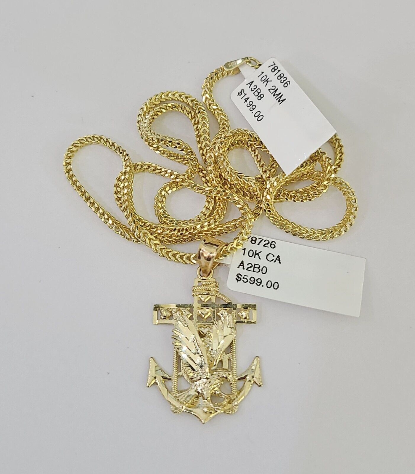 10K Franco Chain Eagle Anchor Pendant Charm Necklace 16"-24" 2mm Gold SET Yellow