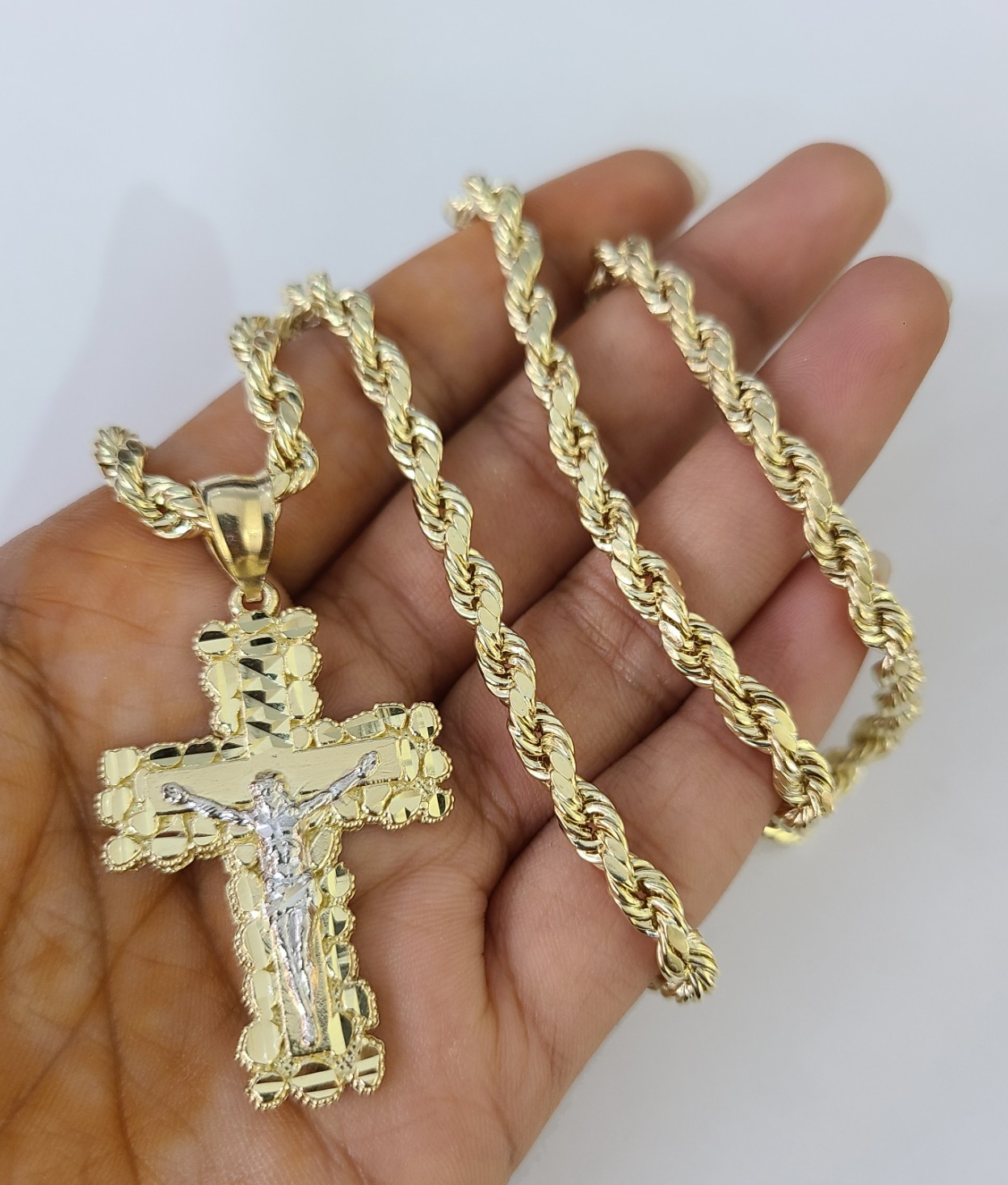 Real 10k Rope Chain Jesus Cross Charm Necklace Pendant Set 4mm 18"-28" Gold