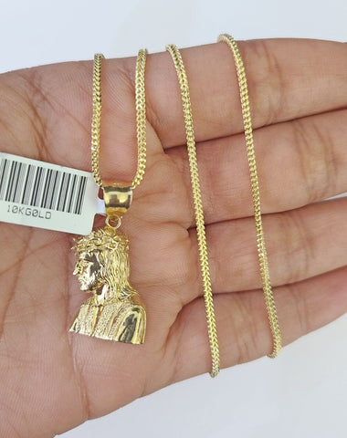 10K Gold Franco Chain Jesus Head Charm SET 18-24 inches 1mm Necklace