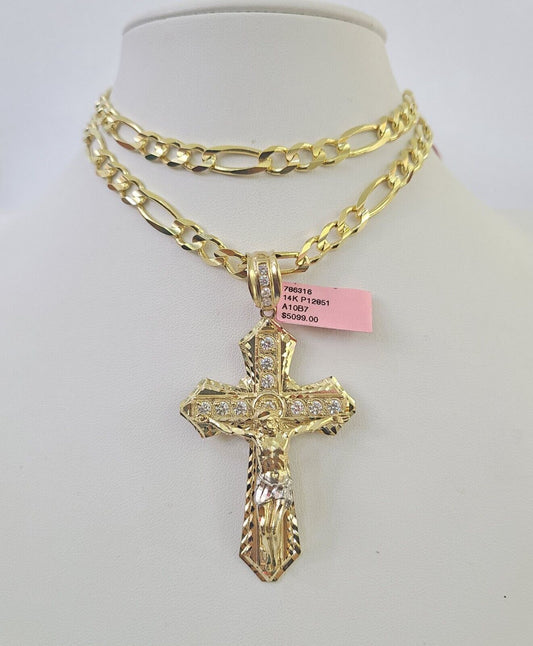 14k Figaro Chain Jesus Cross Charm Pendant Gold 7mm 20-30 inch SET Necklace