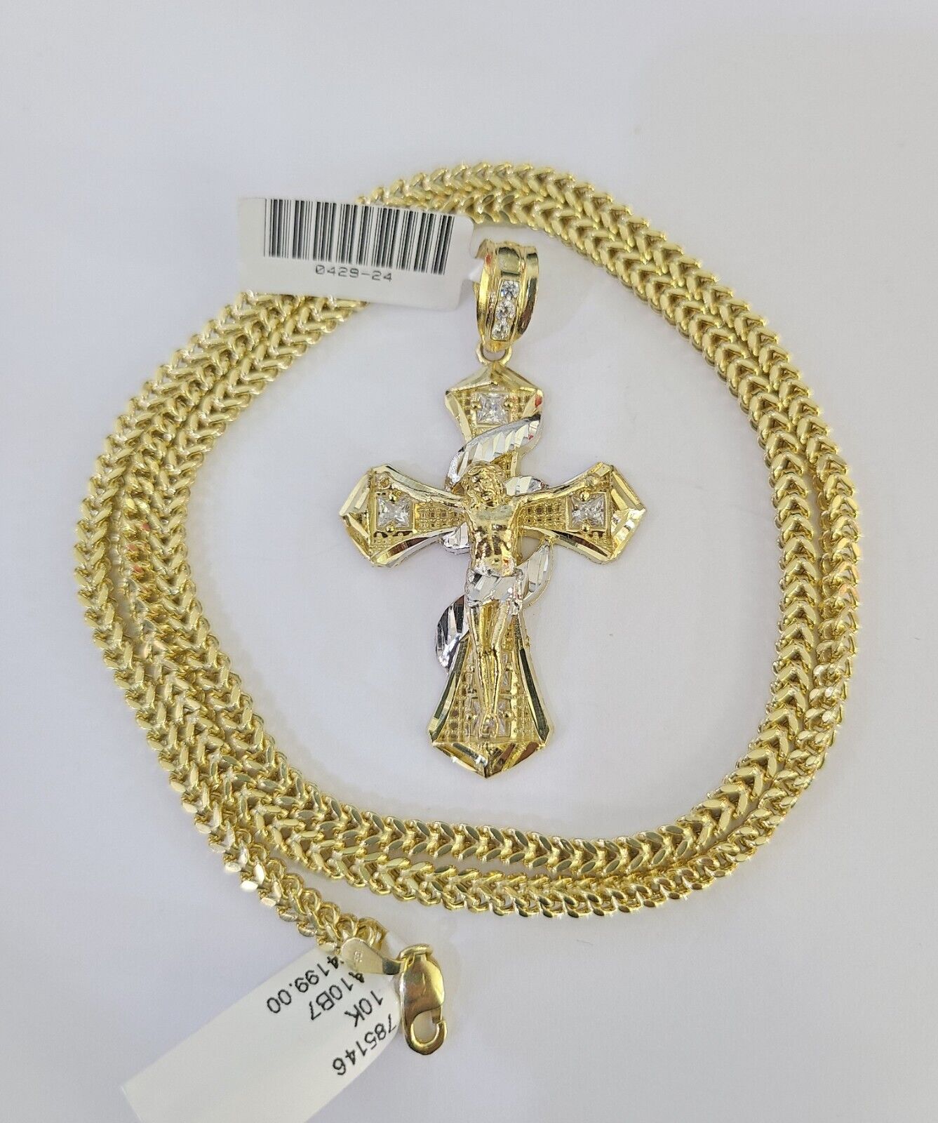 10K Franco Chain Jesus Cross Pendant Charm Necklace 20"-26" 3mm Gold Yellow SET