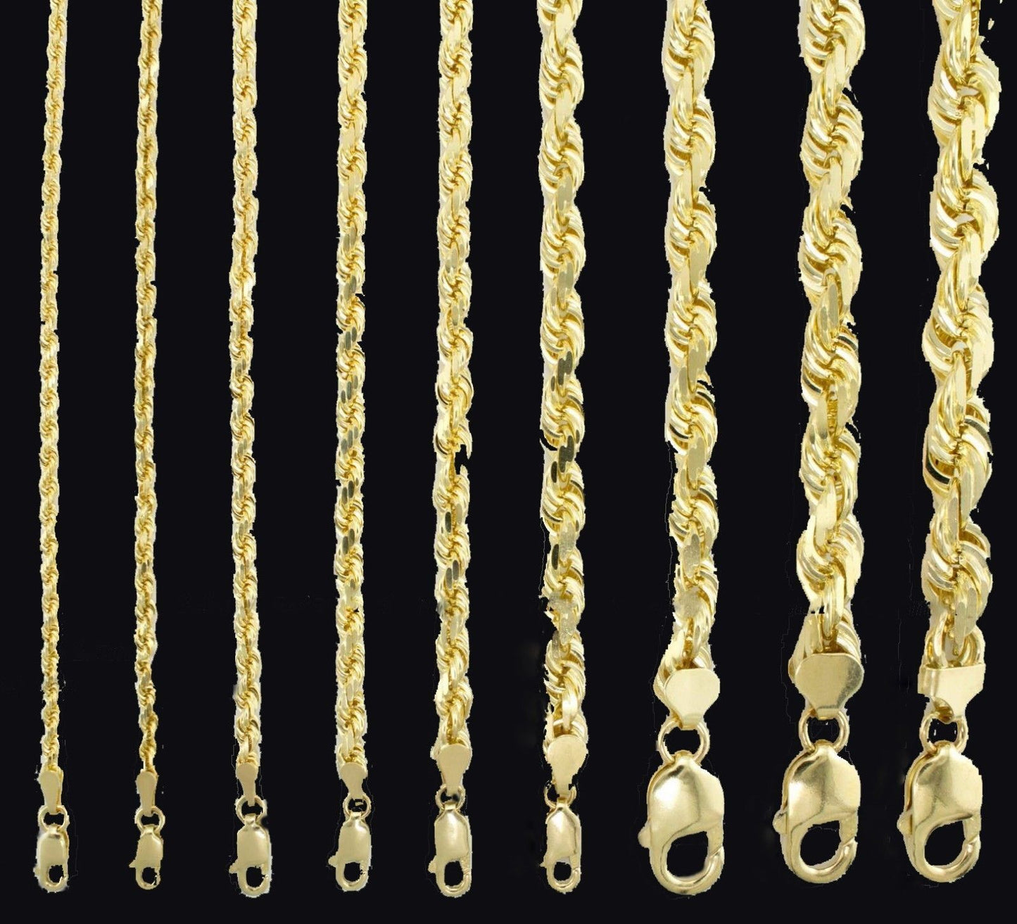 Solid 10k Yellow Gold Rope Chain 1mm-10mm Diamond Cut 16"-30"