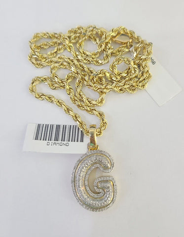 10k 3mm Rope Solid Chain G Diamond Pendant Alphabet 18"-28" Gold Charm Necklace