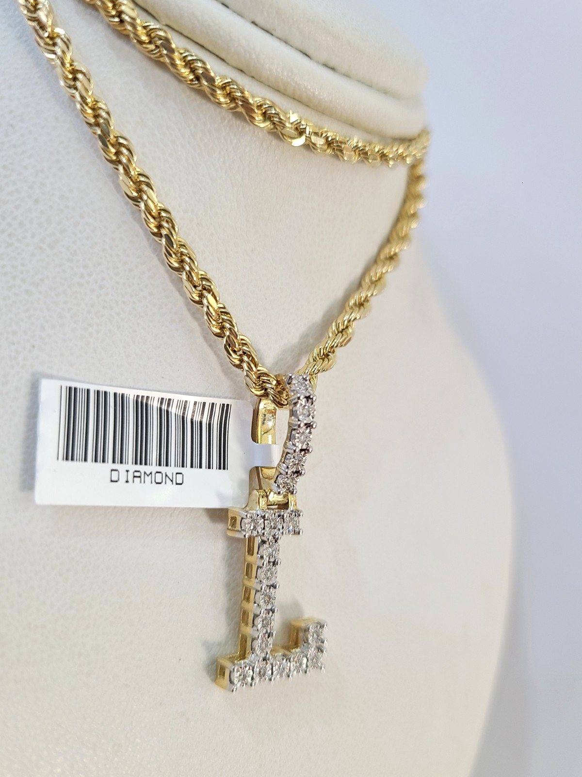 10k Rope Chain L Diamond Initial Charm Necklace Pendant Set 2mm 18"-24" Gold