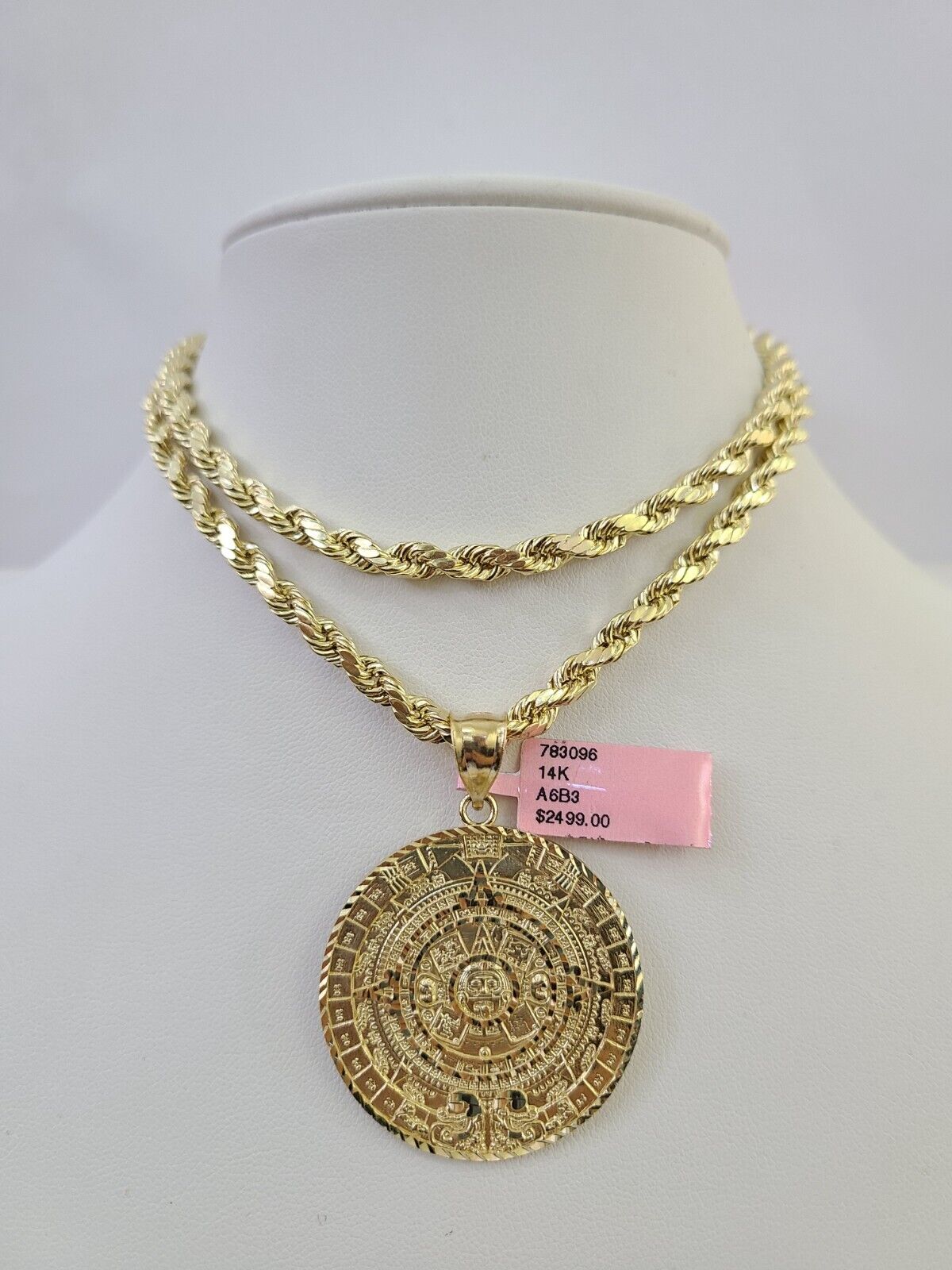 Real 14k Rope Chain Mayan Calendar Charm Yellow Gold Set 5mm 20"-30" Necklace