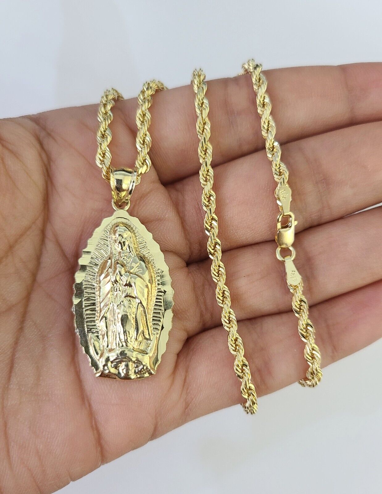 10k 3mm Rope Chain Virgin Mary Pendant 18"-30" Yellow Gold Set Charm Necklace