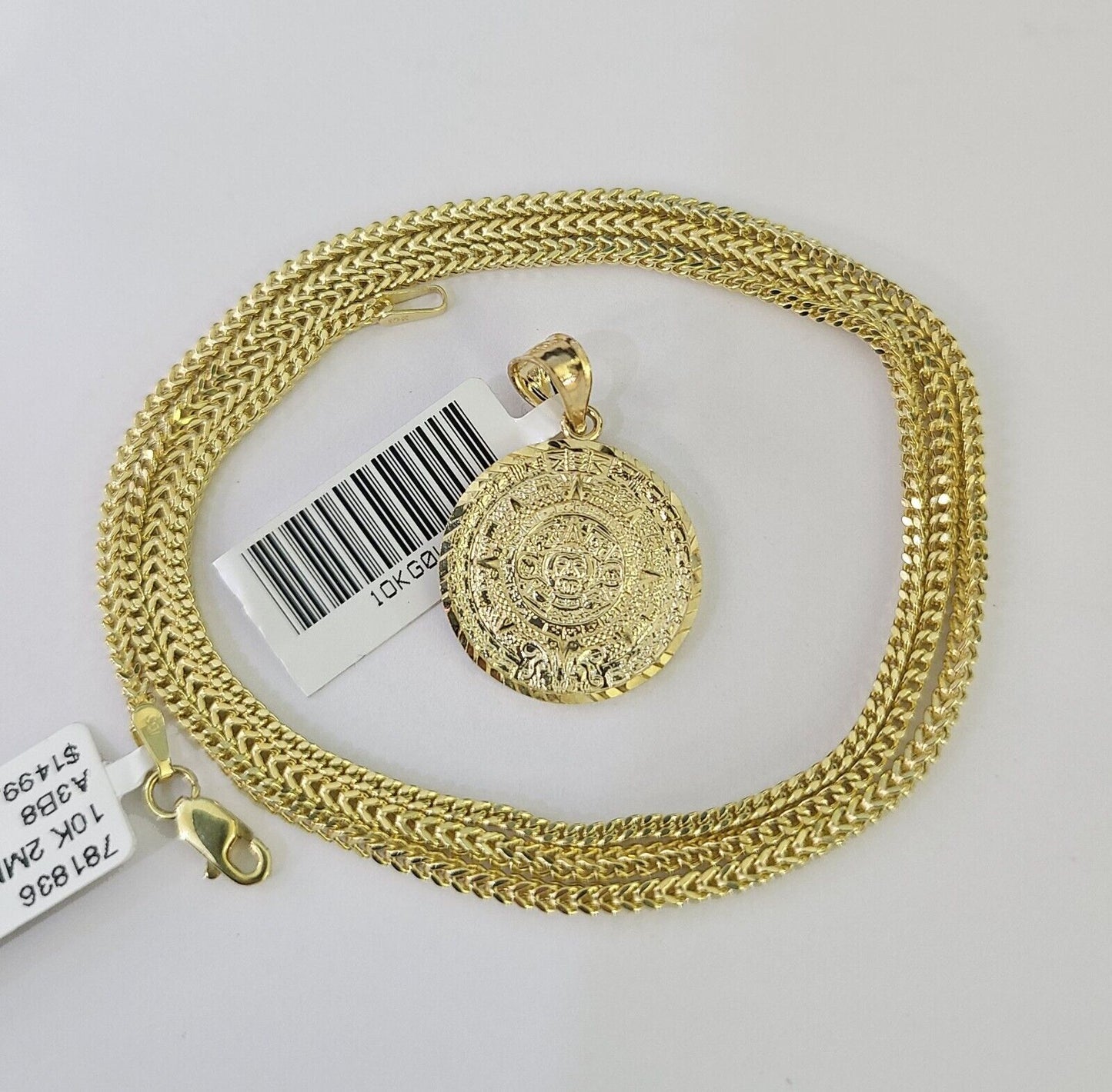 10K Franco Chain Mayan Calendar Pendant Charm Necklace 16"-24" 2mm Gold SET