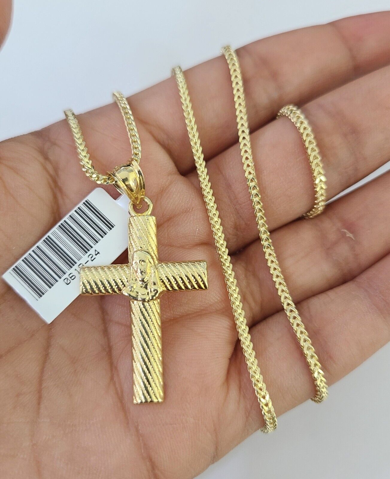 10K Franco Chain Jesus Cross Pendant Charm Necklace 16"-24" 2mm Gold SET Yellow