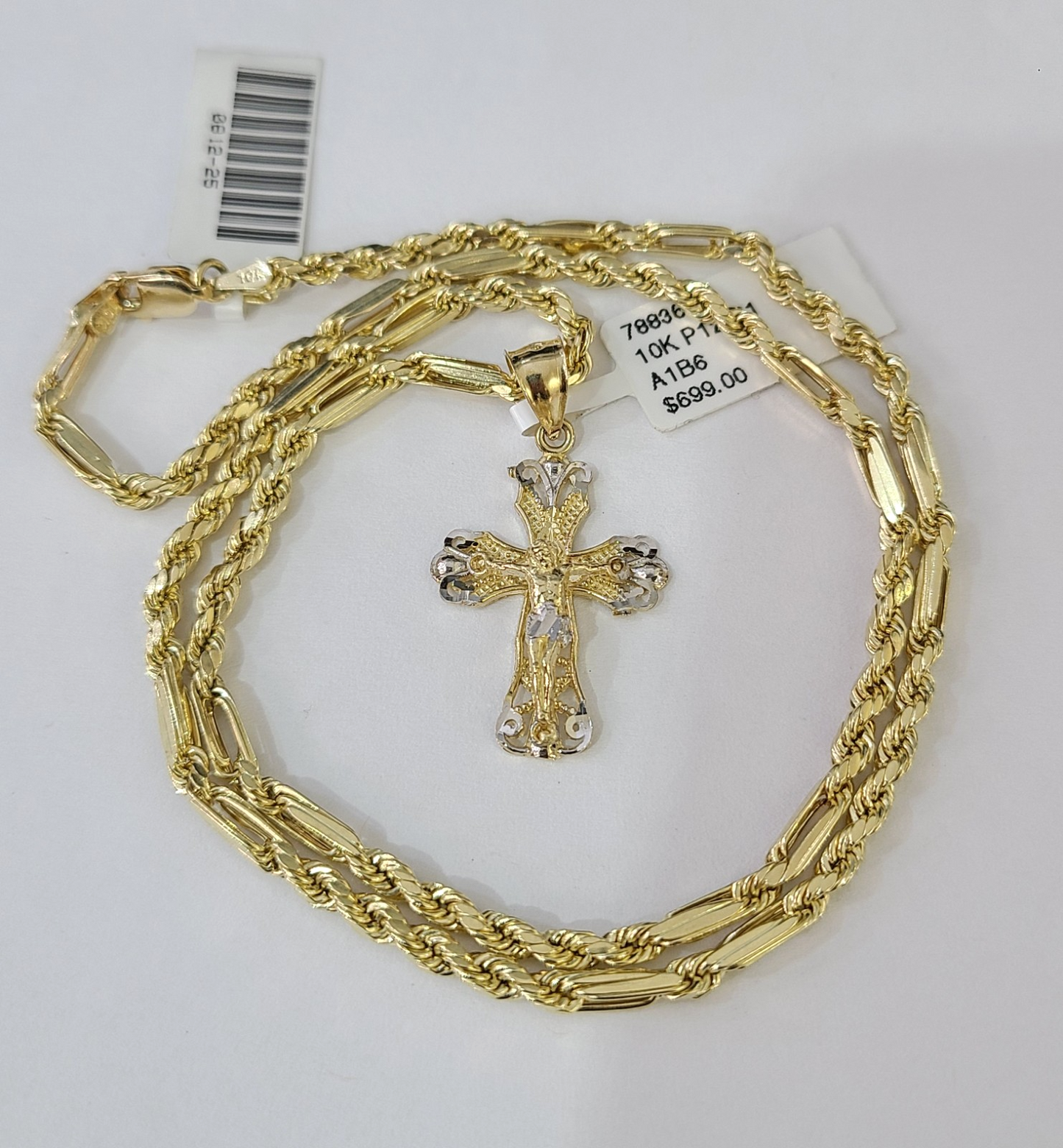 10k Milano Rope Chain Jesus Cross Charm Necklace SET 3mm 18"-26" Pendant