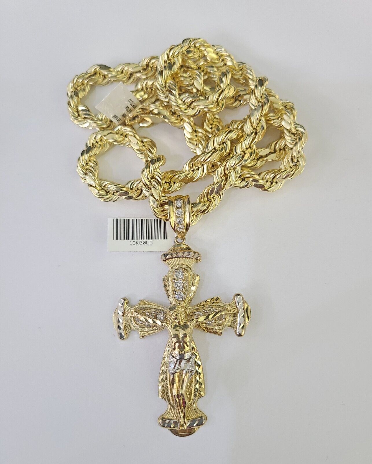 Real 10k Rope Chain Jesus Cross Charm Set 8mm 20"-30" Inch Necklace Yellow Gold