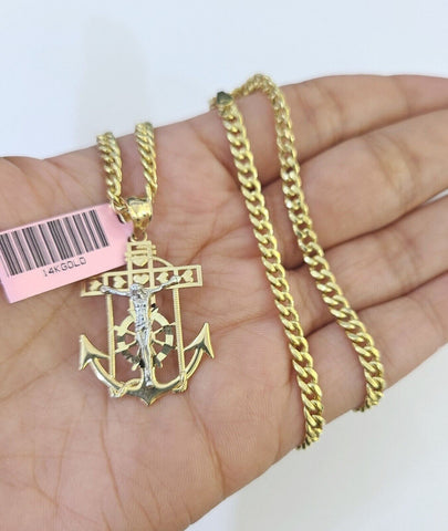 14k Yellow Gold Miami Cuban Chain Jesus Anchor Charm Set 4mm 18"-26" Necklace