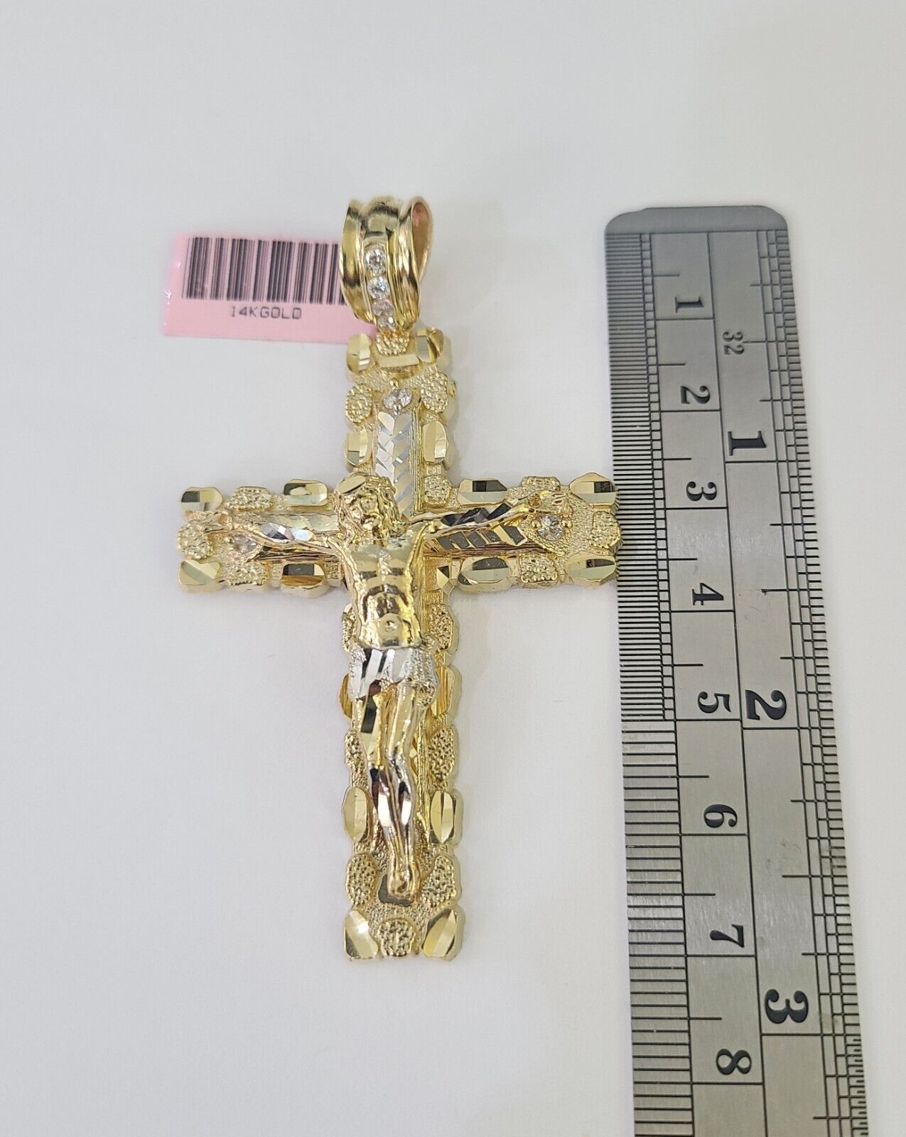 14k Yellow Gold Nugget Cross Charm Pendant Jesus REAL 14KT With Cubic Zirconia